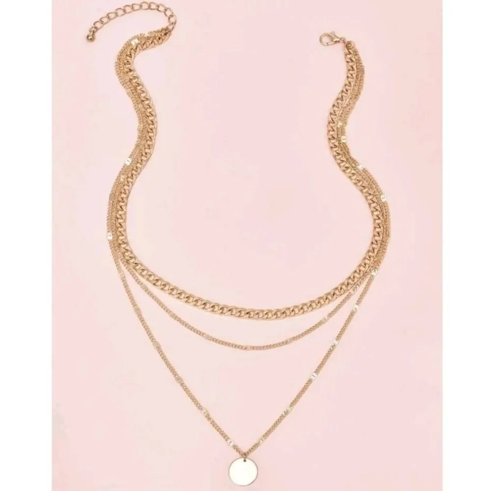 💖 2/$30 Boho disc dainty layered gold tone chain link chunky charm necklace - Picture 3 of 13